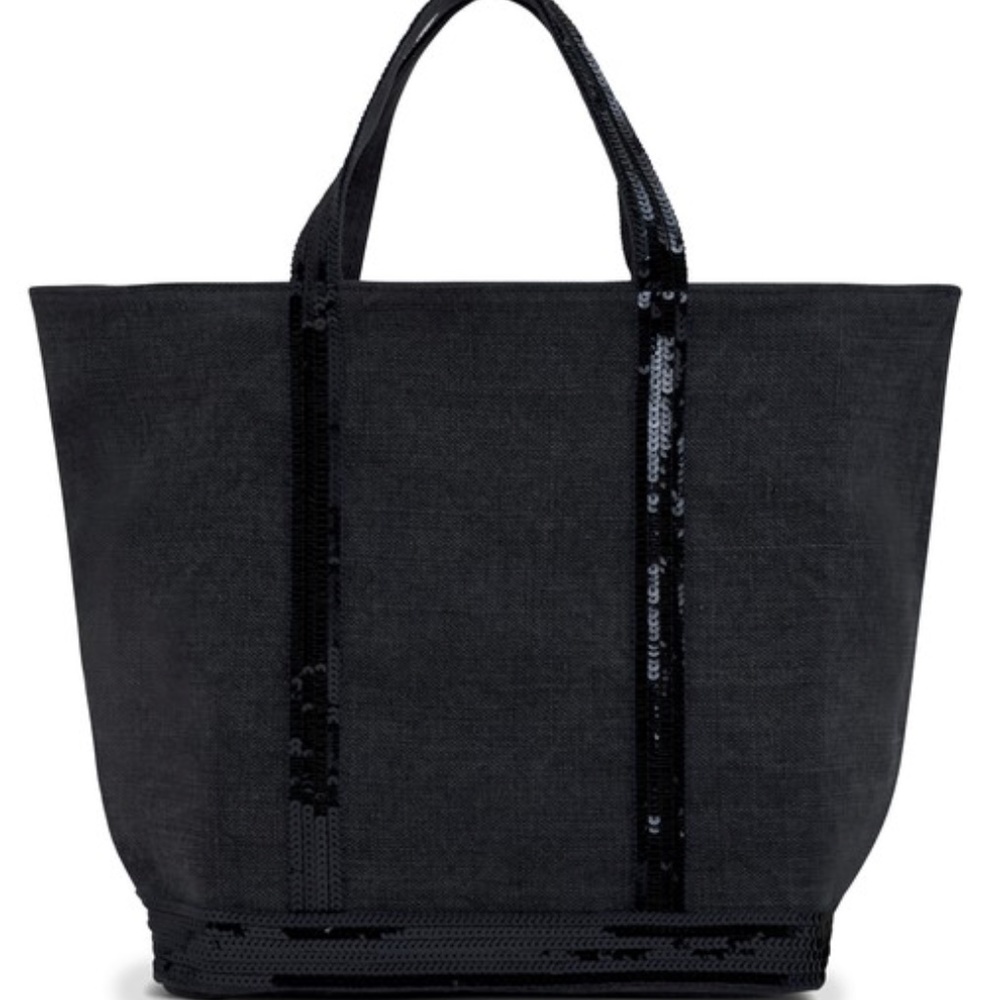 VANESSA BRUNO Linen and Sequins M Cabas Tote- BLACK